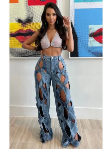 Jeans 2023 Autumn Fashion Retro Women Hole Jeans Sexig ihålig hög midja dragkedja Twocolor Stitching Casual Wide Leg Pants Streetwear