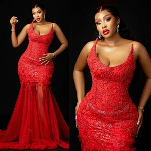 2024 African Red Prom Dresses for Black Women Plus Size Evening Dresses Scoop Neck Mermaid Illusion Elegant Dress for Special Occasions Beaded Lace Pearls Gown NL601