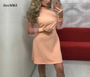 Sexmkl zarif kadınlar elbise bahar sonbahar inci boncuk örgü kol gündelik pembe elbiseler seksi uzun kollu mini parti elbise 2105282919315