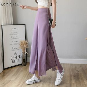 Capris Wide Leg Pants Women Thin Loose Sideslit Y2K Zipper Chiffon Design AnkleLength Pure Color Purple Allmatch Summer New Harajuku