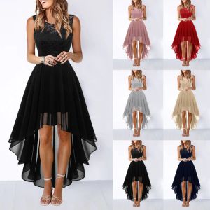 Kleid New2023 Damen Solides Spitzenkleid mit Schleife, elegantes, unregelmäßiges Längenkleid, ärmelloses Chiffonkleid, Brautjungfern-Cocktailpartykleid