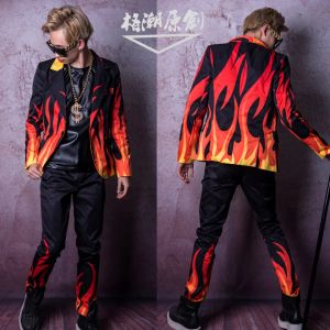 Dresses M5XL Men stage flame special effects suit men long sleeve suit hairdresser bar Nightclub singer performance clothes costumes