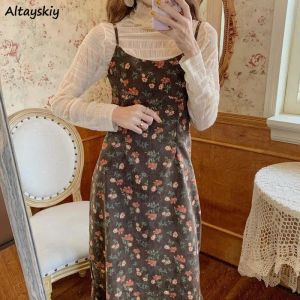 ドレススパゲッティストラップドレス女性ビンテージシックなフローラルトレンディインインオールマッチ秋の女性服