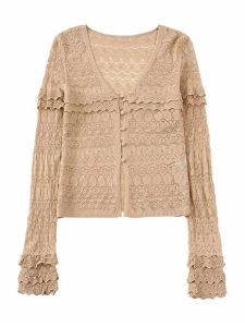 Cardigans Fashion Women with Ruffles Knit Cardigan Magile Vintage V Neck Long Maniche Long Jacquard Mesh Mash Giacca da maglia