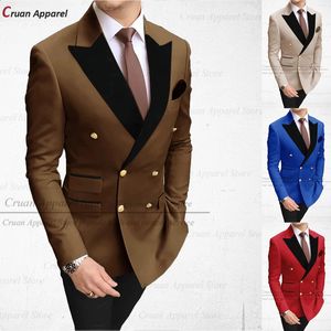 Moda kahverengi erkekler 2 adet ince fit sağdı damat damat düğün smokin çifte göğüs göğüslü siyah kadife yaka blazer pantolon seti 240221