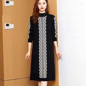 Casual Dresses Women Loose Oversize Knit Dress 2024 Autumn Winter Clothes Fashion Jacquard Patchwork Half High Collar Warm Female Sweater