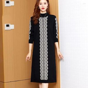 Casual Dresses Women Loose Overdimensionerad stickad klänning 2024 Autumn Winter Clothes Fashion Jacquard Patchwork Half High Collar Warm Female Tröja