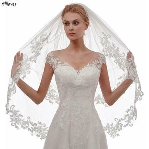 Véus de casamento elegantes com apliques de renda para mulheres com pente sólido branco marfim uma camada de tule véu de noiva feminino acessórios para cabelo CL3355