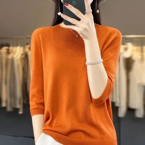 Fashion short sleeve 100% merino wool sweater basic O-neck cashmere womens knitted top pullover sweater top T-shirt 240228