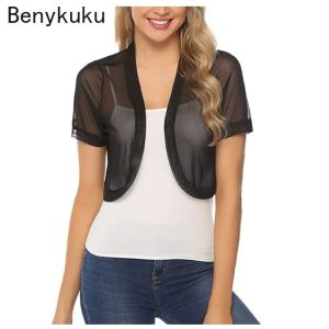 Jaquetas finas tule xale feminino encolher verão moda casual praia protetor solar roupas de manga curta mulheres recortadas topos bolero cardigan