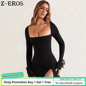 Dress ZEROS Women's Autumn New Square Neck Sexy Long Sleeve Slim Fit Wrap Hip Split Drawstring Spicy Girl Dress Short Bottom Dress