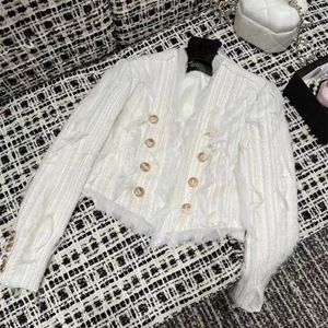 2024 Vinatge White Crew Neck Long Sleeves knappar Tassel Kvinnor Rockar Designer Double Button Pockets Long Jackets 30522