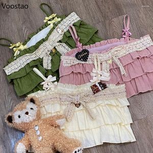Czołgi damskie japoński styl vintage bawełniany bawełniany lolita topy kobiety letnie marszczenia koronkowe łuk urocze camis słodkie dziewczyny kawaii ubrania księżniczka