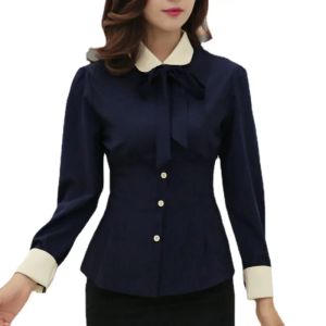 Camisa coreana outono azul marinho blusa feminina camisa de manga longa camisas de moda fina senhoras blusas arco elegante trabalho escritório topos blusas