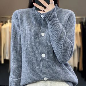 Cardigans Fashion Temperament 100% Pure Wool Ladies Autumn and Winter New Round Neck Solid Color Loose Cardigan Top