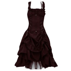 Giyin Ortaçağ Vintage Zarif Dantel Yukarı Goth Retro Parti Elbiseler Kadın Gotik Punk Elbise Uzun Parlama Kolu Seksi Siyah Mesh Testere Elbise