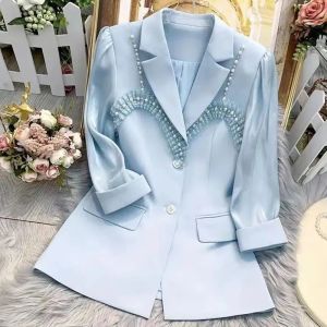 Blazers 4xl Kadınlar Blazer Boncuk Rhinestone Femme Yaz Güneş Koruyucu Ceket Mavi Cardigan Lady Moda 2022 İnce Siyah Bir Düğme Takım Kaplama