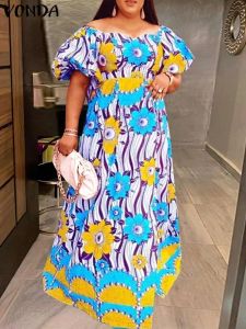 Dresses Plus Size 5XL VONDA Summer Sundress Sexy Off Shoulder Dress 2023 Women Bohemian Floral Print Long Sleeve Party Maxi Robe Femme