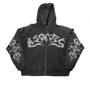 Rua retro roupas chama impressão oversized moletom feminino y2k gótico punk harajuku casual topo solto zíper hoodie 240219