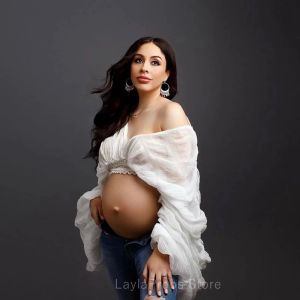 Yastıklar Beyaz Şifon Doğum Fotoğraf Çekim Kısa Elbiseler Parlama Kılıf Hamilelikten Gör