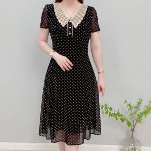 Klänningskontor Lady Stylish Sweet Peter Pan Collar Dresses Female Clothing Casual Printed Summer Short Sleeve Aline Midje Midi Dress