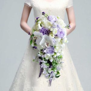 Cascata Viola Fiori da sposa Bouquet da sposa Peonia artificiale Bouquet da sposa Rose Puntelli per feste Cascata Holding Flower X0726270a