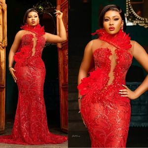 African Nigeria Plus Size ASO EBI PROM Dresses aftonklänningar En axel fjäderd illusion sjöjungfru formell klänning pärlspets födelsedagsklänning för svarta kvinnor nl593