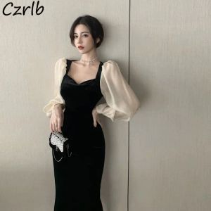 Klänningar klänningar kvinnor fyrkantiga krage vår aline puff hylsa ins streetwear elegant solid koreansk stil varm försäljning väv hög midja avslappnad