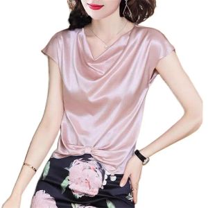 Blusa moda elegante senhoras balanço pescoço arco assimétrico rosa acetato camisa de cetim topos luxuoso vintage versátil blusa de seda gelo