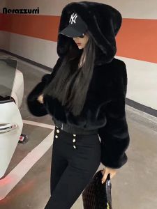 Fur Nerazzurri Oversized Korean Fashion Clothing for Womens Streetwear Cropped Fluffy Warm Faux Fur Jacket Hood Long Sleeve Zipper