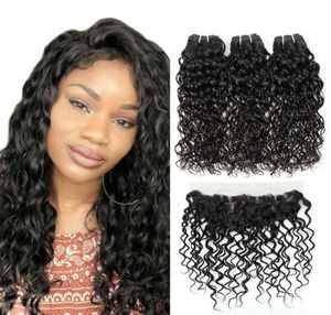 Ganze 10A brasilianische Wasserwelle mit frontalem peruanischem nassem und gewelltem Haar 3 Bündel mit 134 Lace Frontal malaysischer natürlicher Welle3110798