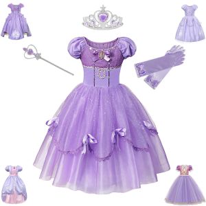 Dresses New Kids Princess Purple Birthday Party Dress Up Puff Sleeve Floral Tulle Ball Gown for Baby Girls Cosplay Customes 210t