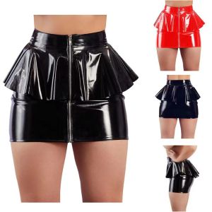 Klänningar faux läder kvinnor svart ruffle kant mini kjol front blixtlås pvc kort kjol hög midja sträcka ny nattklubb fest sexig sommar