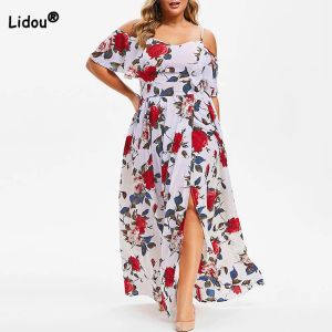 Kleider Bohemian Off Shoulder Blumendruck Kurzarm Sommer Casual Plus Size Kleidung Hoch taillierte Damen Schlitz Slip Knöchellanges Kleid