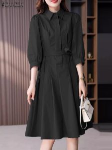 Dress 2023 ZANZEA Women Elegant Lapel Neck 3/4 Sleeve Shirt Dress Summer Sundress Fashion Solid OL Work Kneelength Vestido Kaftan