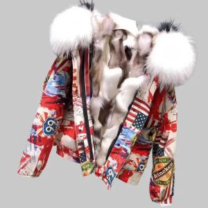 Fur Women's Lining Fur Rabbit Coat with Fox Fur Colla, Jeans Jacket, Print Cowboy Parkas, Female Clothing, Winter, New, High Quality