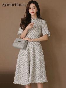 Vestido de moda coreano elegante midi tweed vestido feminino luxo chique casual xadrez vestido fino borla vestidos robe senhoras mujer vestidos de festa