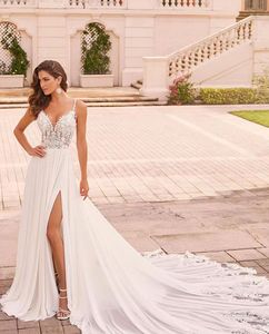 Chiffon Sexy Slit Lace A Line Wedding Dresses for Women Beach Boho Bridal Gowns Appliques Backless Bride Robes Robe De Mariee Ppliques ppliques