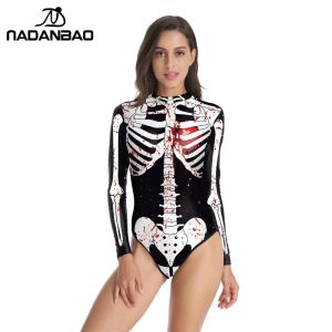 Swimwear NADANBAO Woman Swimwear Skeleton 3D Digital Print Swimming Female Costume One Piece Swimsuit Surfing Beachwear