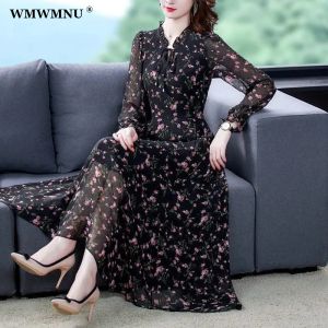 Sukienka czarna długie rękawie szyfonowy kwiecisty nadruk sukienka dla kobiet ograniczona szata swoboda letnie sukienki midi szyi koreańskie eleganckie eleganckie vestidos