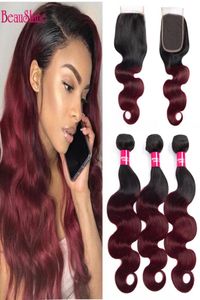 Two Tone Ombre 1B 99J Brazilian Human Hair Body Wave With 4X4 Closure Burgundy Ombre Lace Closure With Hair Bundles6782236