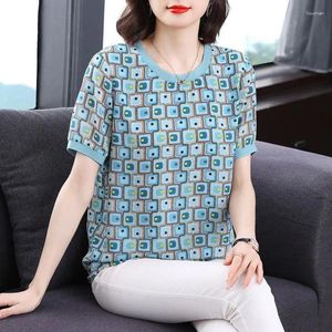 Kvinnors T-skjortor Summer Casual Short Sleeve Pullovers Kläd Fashion Plaid tryckt Löst rund hals skarvad pendling all-match t-shirt