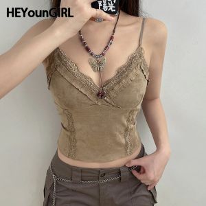 Camis Heyoungirl Lace Vneck Camisoles Summer Women Retro Sexy Cropped Tanks Y2K Esthetic Mleeless Khaki urocze chuda kamizelka TEE 2000S