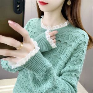 Pullovers 2021 Nya lösa kvinnors stickade tröja yttre kläder Autumn Winter Pullovers Women Korean Fashion Lace Stitching Baisc tröja kvinnor