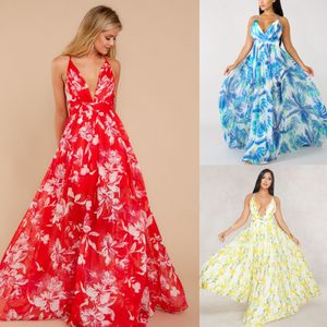 Nuova versione Abiti senza maniche da donna Senza spalline Sexy scollo a V Abito maxi in chiffon senza schienale con camicie senza maniche comfort di alta qualità stampate a fiori