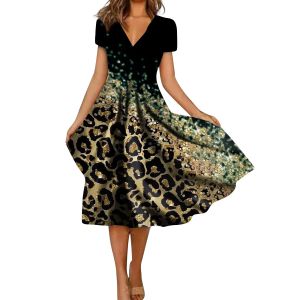 Kleid Elegantes Sommerkleid 2023 Damen Lässige Mode Leopardenmuster Kurzarm V-Ausschnitt Swing-Kleid Günstige Kleider mit kostenlosem Versand