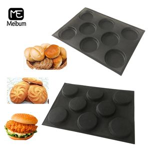 Meibum 8セルブラック多孔質シリコーンパン金型クッキーハンバーガー丸い形状トレイ非スティックベイクウェアベーキングツール240226