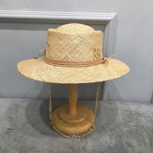 Wide Brim Hats Bucket Hats Newly arrived female Lafite straw hat in 2022 with letters and chains wide brown cork sun hat summer hat womens beach hat J240305
