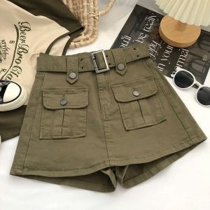 skirt Y2K Women Streetwear Korean Mini Skirt with Belts High Waist Fashion Denim Short Culotte Solid Loose Pocket ALine Cargo Skirts