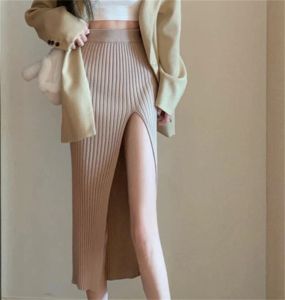 Юбка, корейская модная трикотажная юбка для девочек, сексуальная облегающая длинная юбка с разрезом для женщин, элегантная облегающая юбка с высокой талией, женская горячая распродажа
